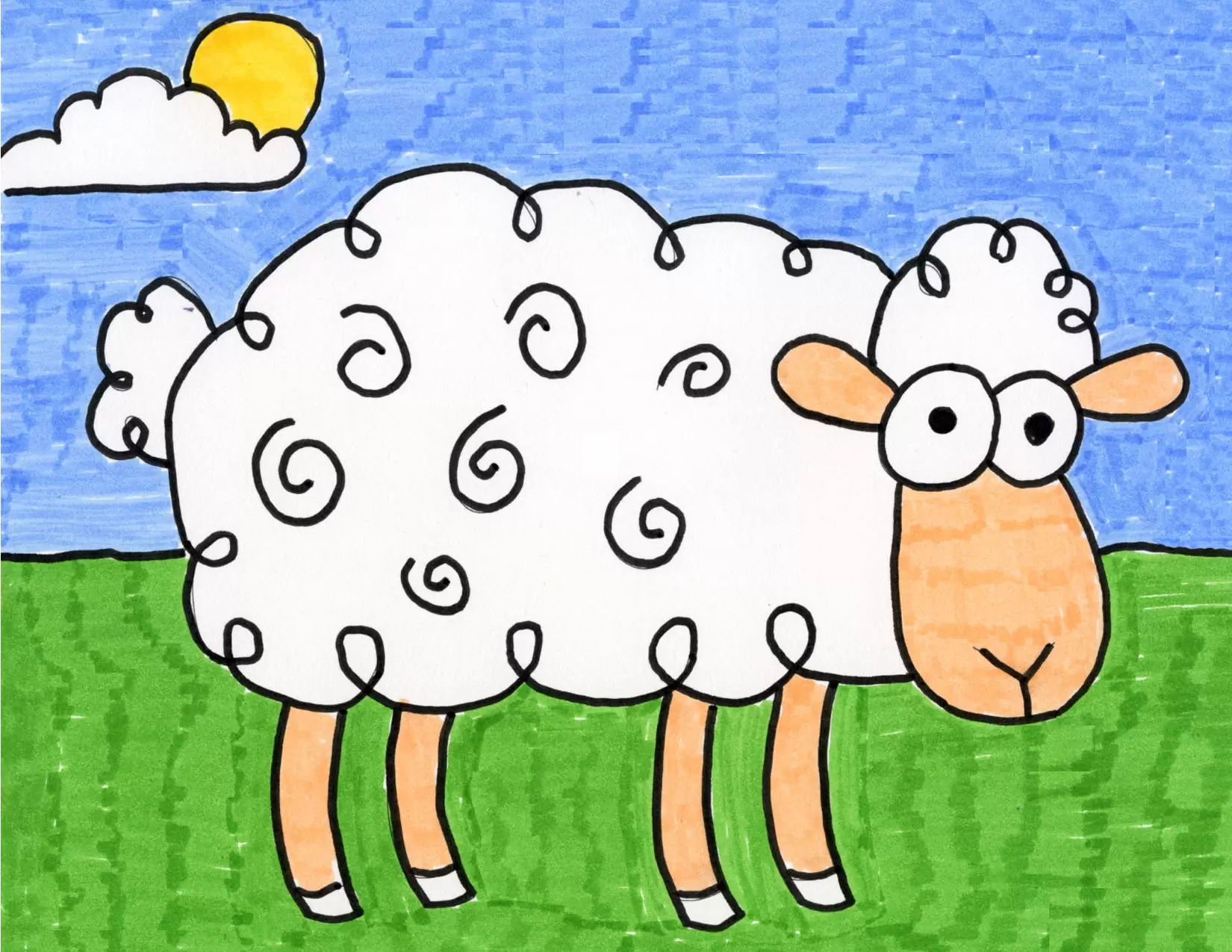 Easy How to Draw a Cartoon Sheep Tutorial and Cartoon Sheep Coloring Page