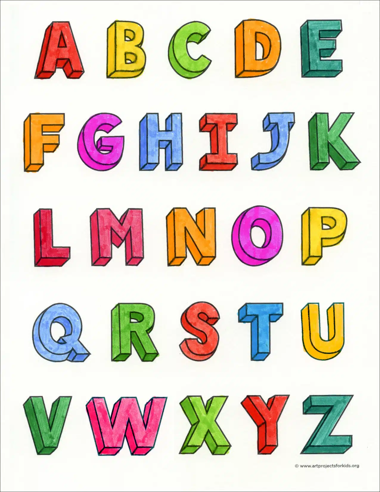 How to Draw 3D Letters Video Tutorial Video and a 3D Letters Coloring Page