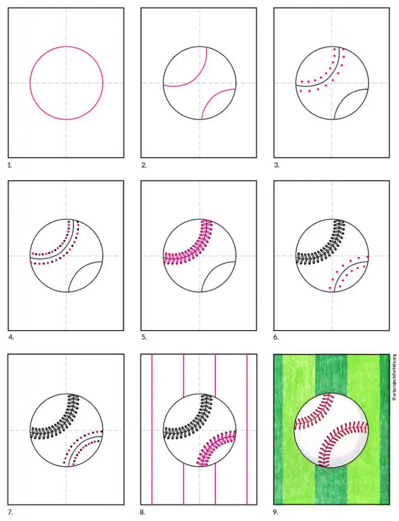 A step by step tutorial for how to draw an easy baseball, also available as a free download.
