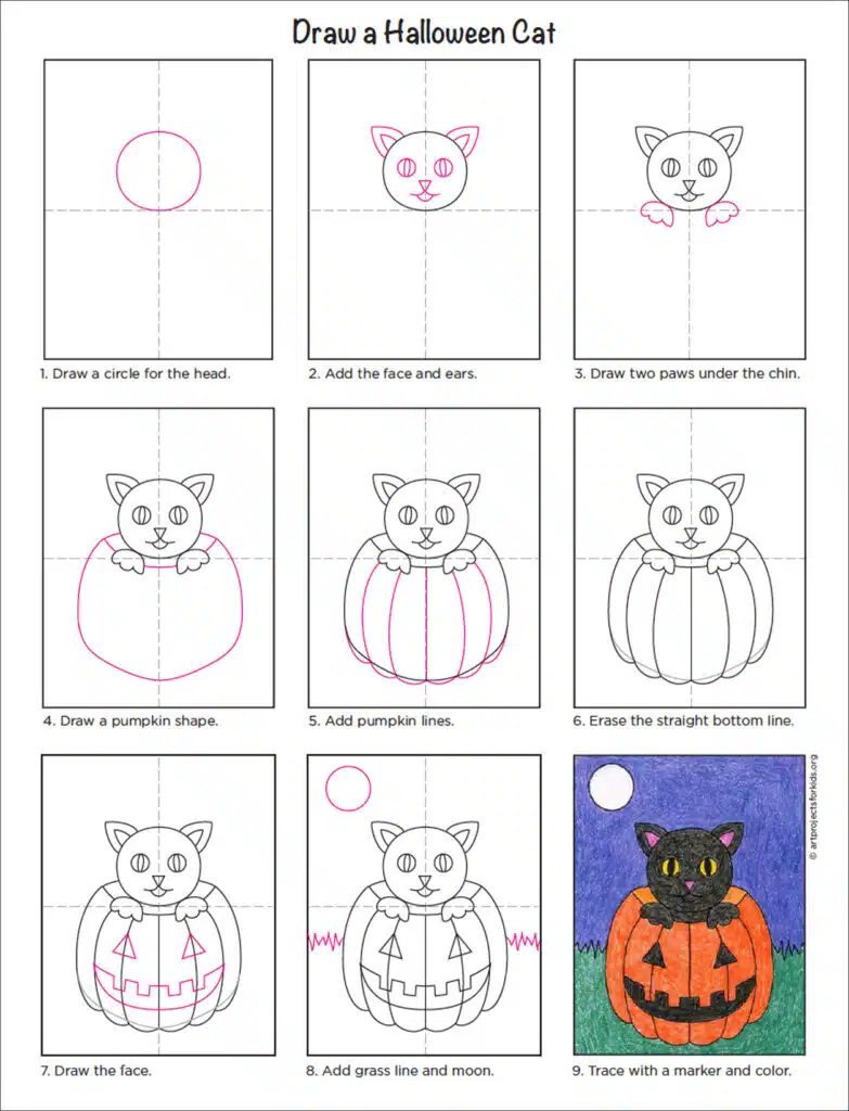 A step by step tutorial for how to draw an easy Halloween Cat, which is available as a free download.