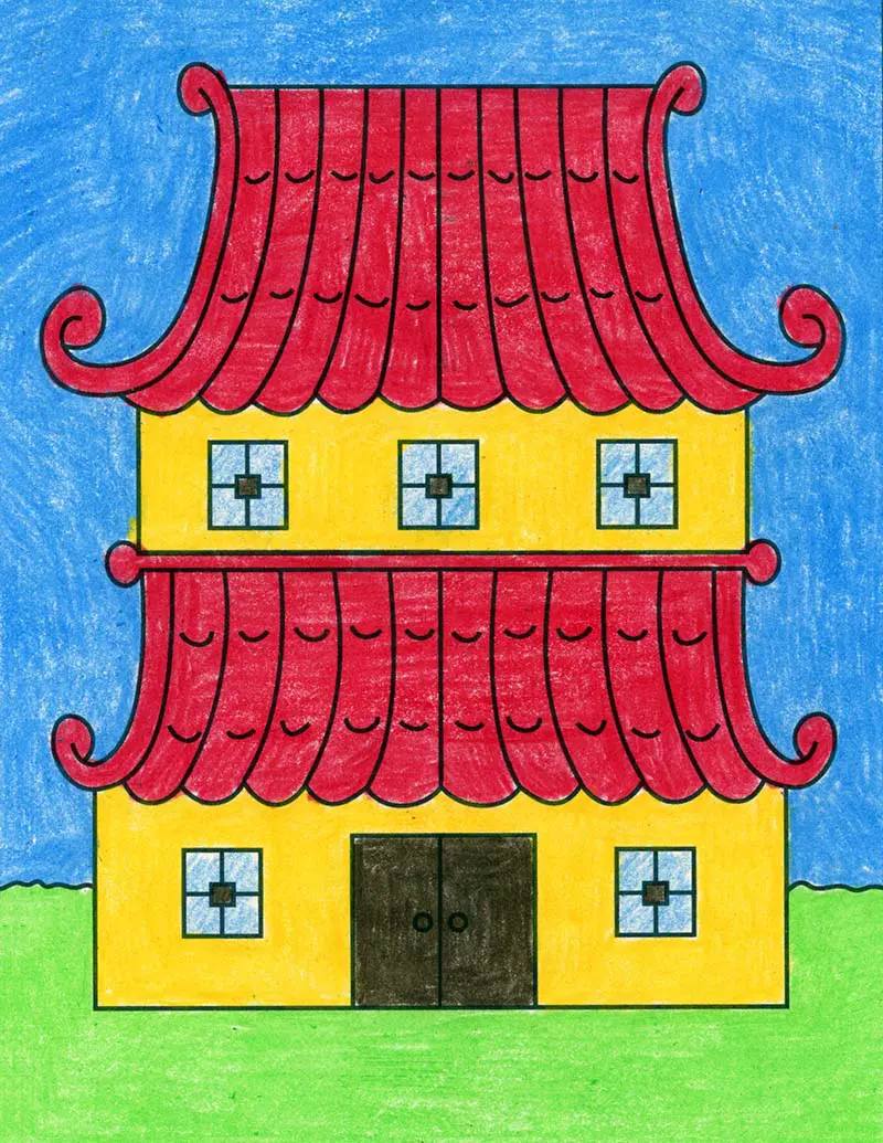Easy How to Draw a Pagoda Tutorial and Pagoda Coloring Page