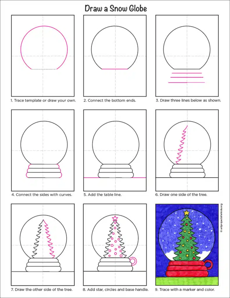 A step by step tutorial for how to draw an easy Snow Globe, also available as a free download.