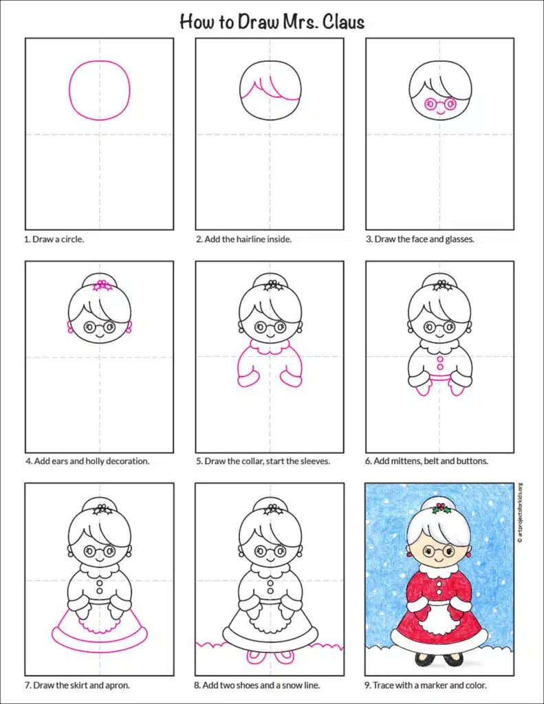 A step by step tutorial for how to draw an easy Mrs. Claus, also available as a free download.