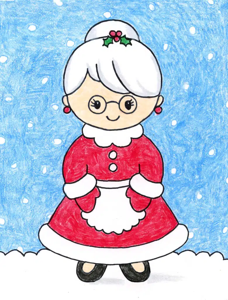 A drawing of Mrs. Claus, made with the help of an easy step by step tutorial. 