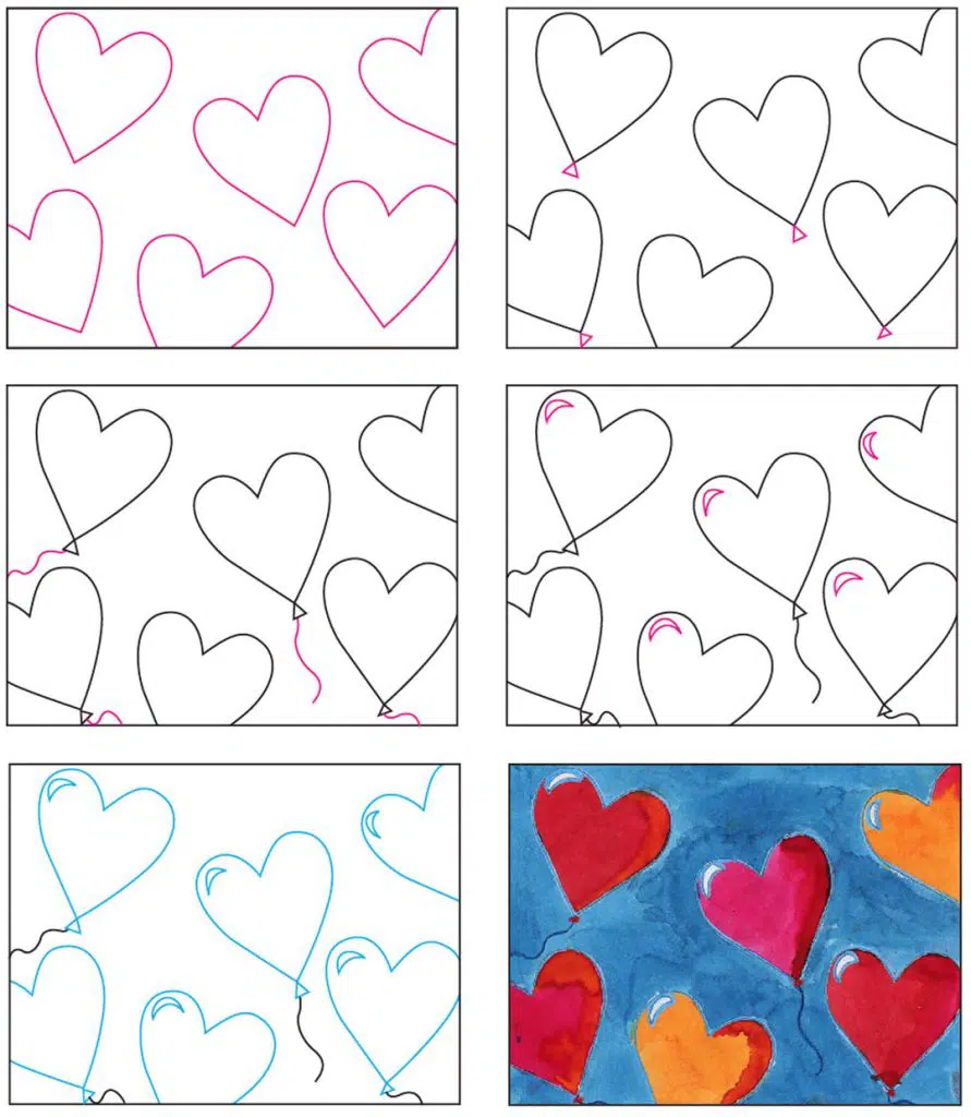 A step by step tutorial for how to draw easy Flying Heart Balloons, also available as a free download.