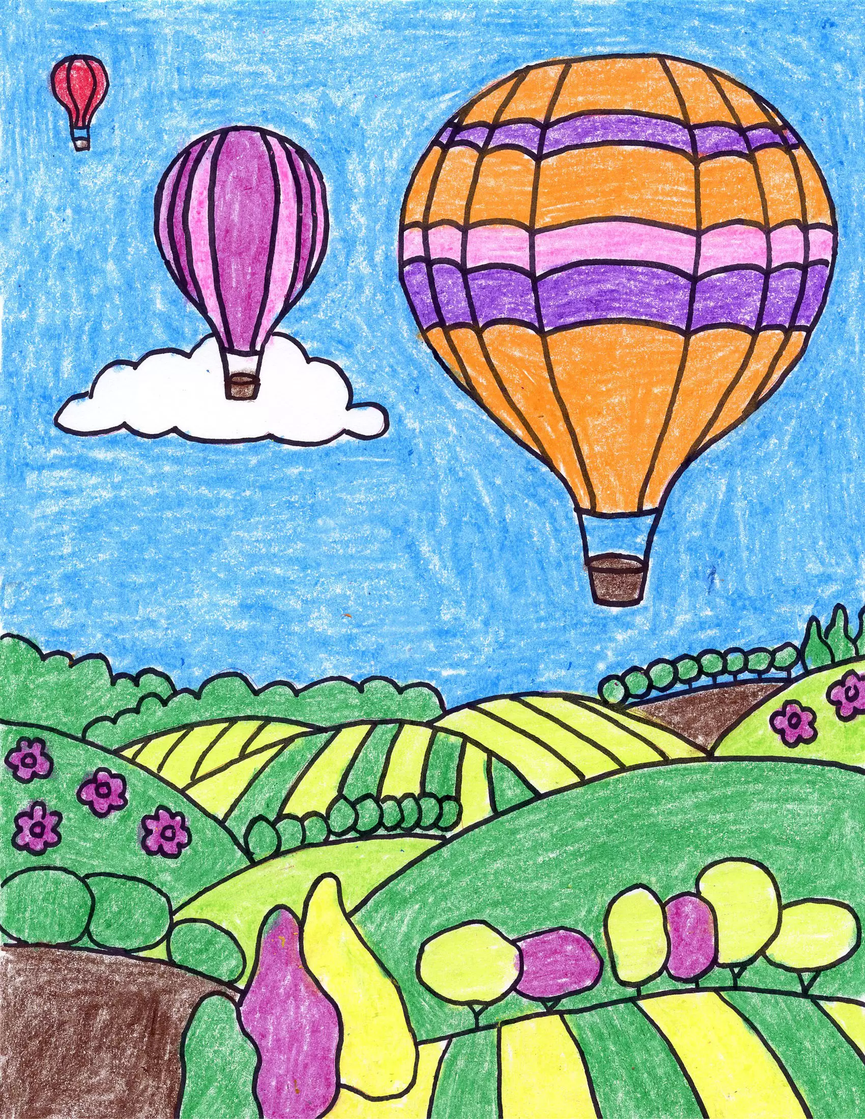 Easy How to Draw a Hot Air Balloon Tutorial and Coloring Page