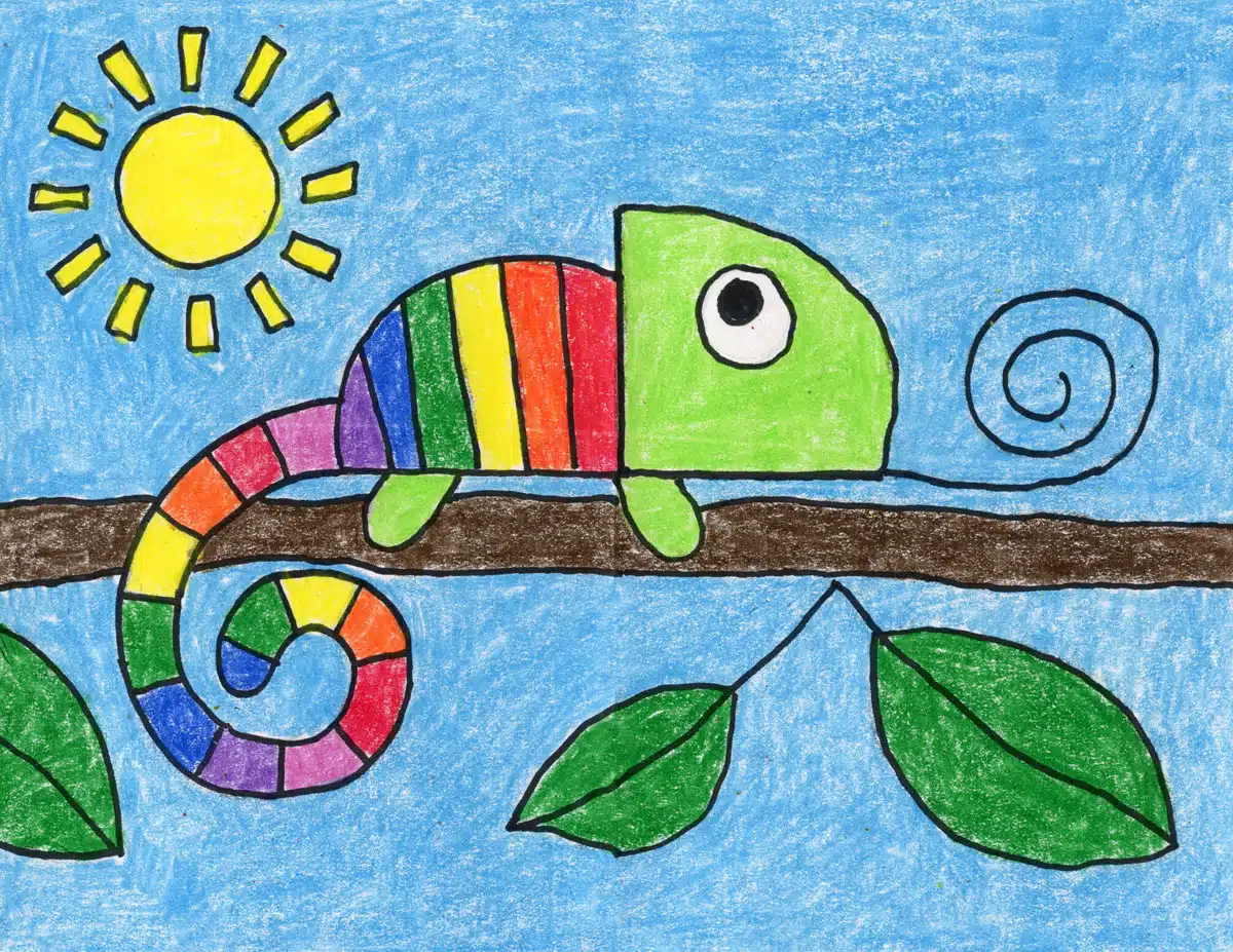 Easy How to Draw a Chameleon Tutorial Video and Chameleon Coloring Page
