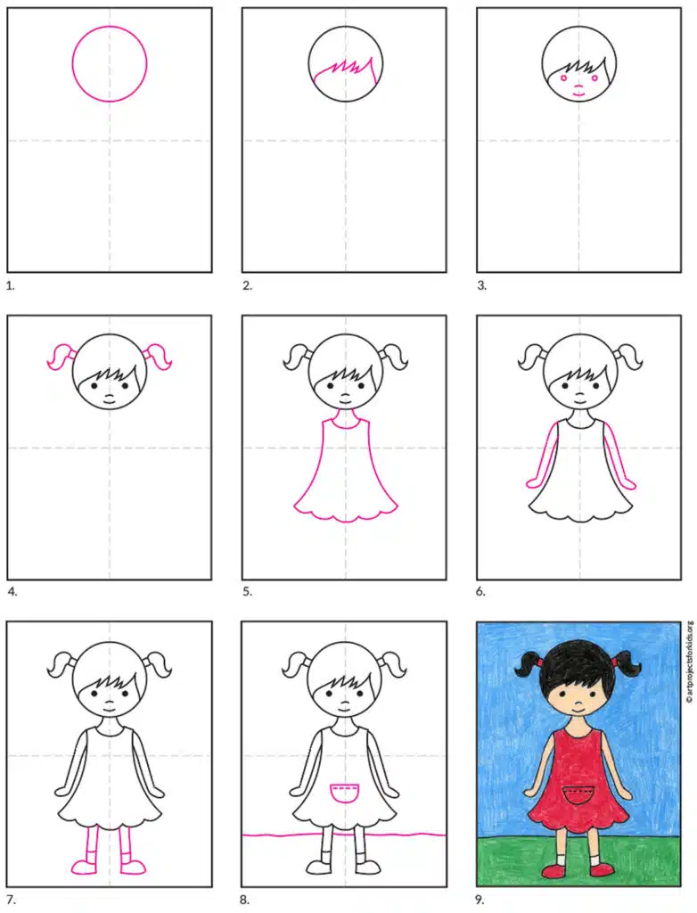 Preview of the step by step how to draw a girl tutorial, available as a free download.
