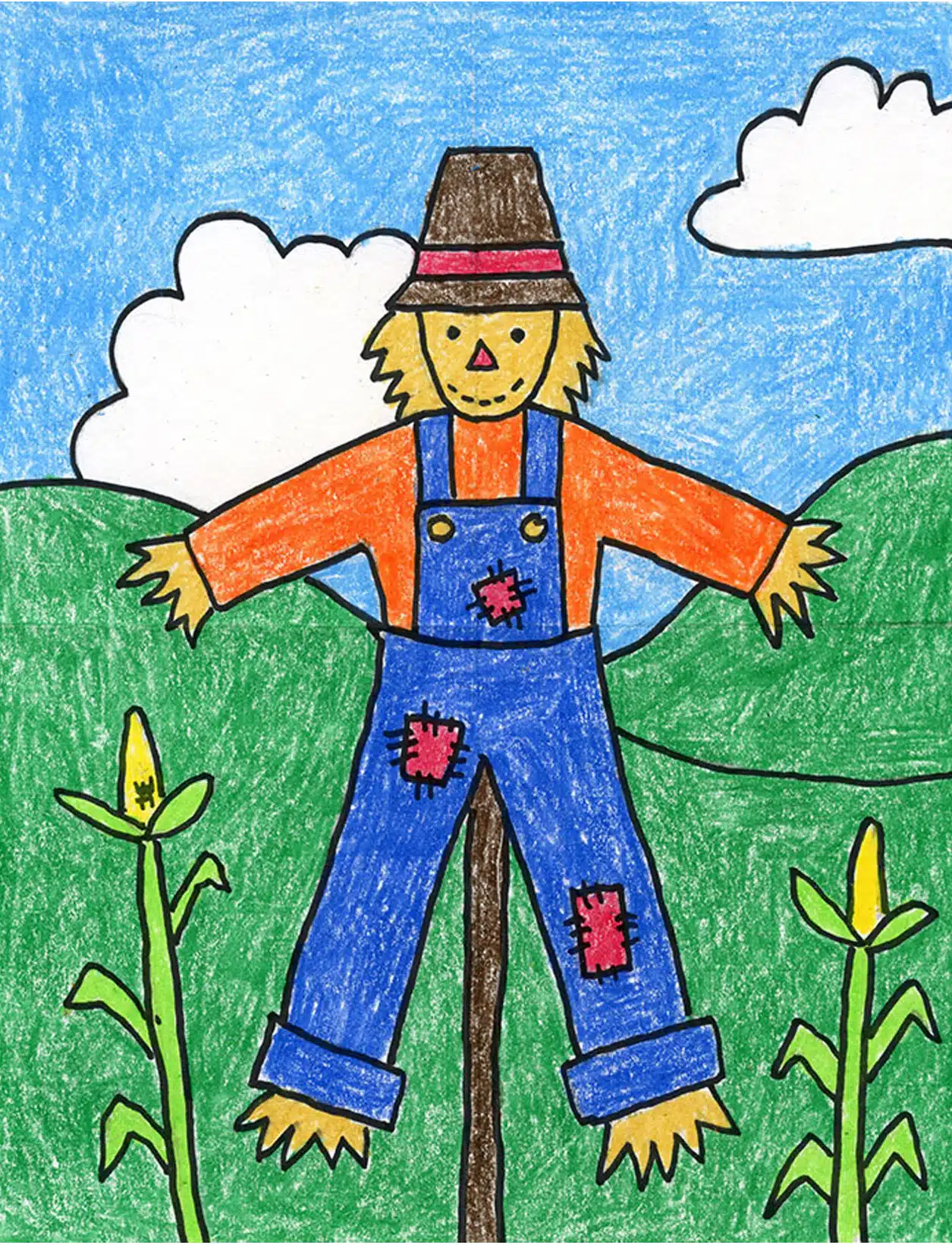 Easy How to Draw a Scarecrow Tutorial Video and Scarecrow Coloring Page