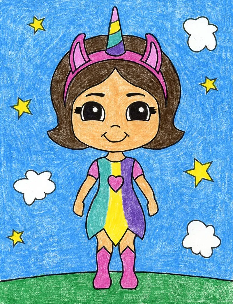 Easy How to Draw a Unicorn Girl Tutorial Video and Unicorn Girl Coloring Page