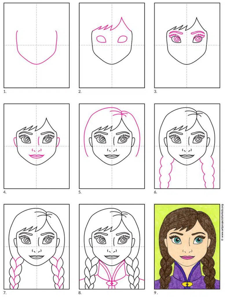 A step by step tutorial for how to draw an easy Anna from Frozen, also available as a free download.