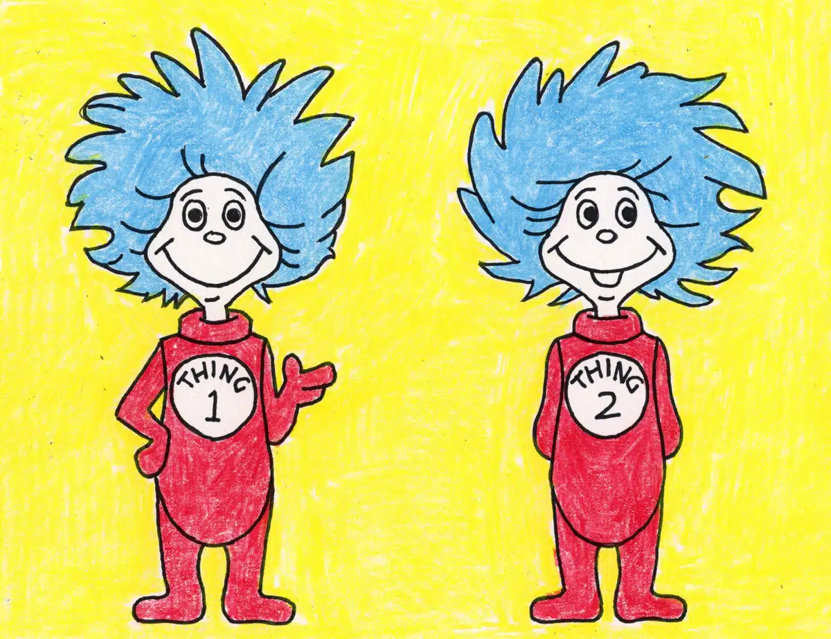 How to Draw Thing One and Thing Two Tutorial and Coloring Page